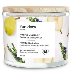 Chandelle à la Cire de Soya, Poire et Genévrier, Neutralisant d’Odeurs d’Animaux – Purodora