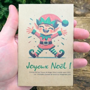 Carte de vœux à semer “Joyeux Noël” (Lutin) – Graines de ‘Flocon de Neige’